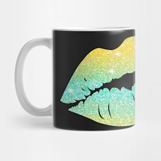 Bright Teal Yellow Ombre Faux Glitter Lips Mug